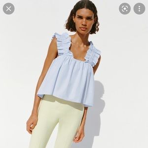 Zara Poplin Ruffle Sleeve Top Blue